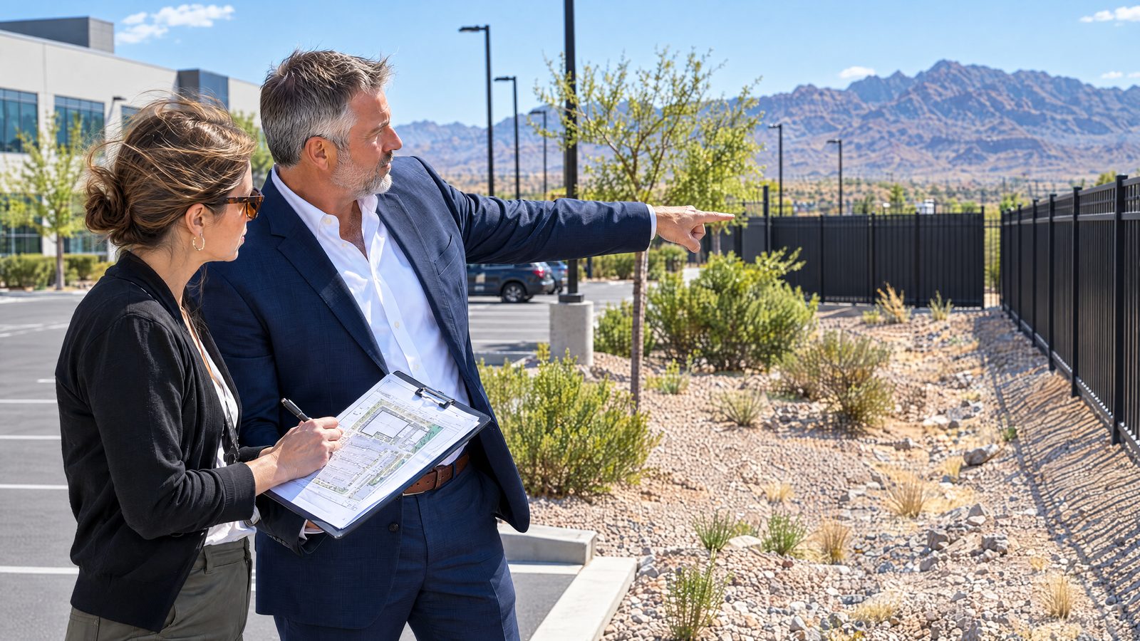 A CTS consultant walking a commercial property perimeter with the property manager