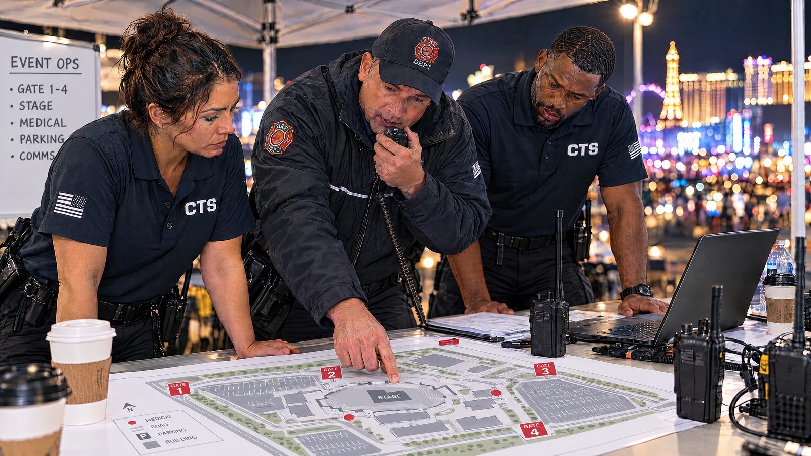 CTS supervisors and a fire captain working a site map at an event command post