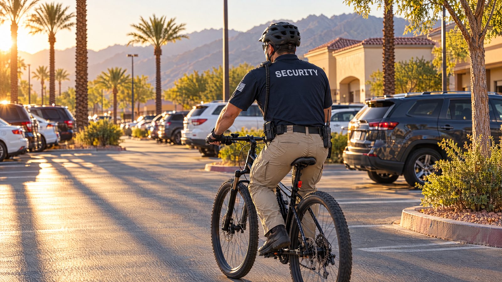 A CTS officer on bike patrol in a Henderson shopping center at sunrise