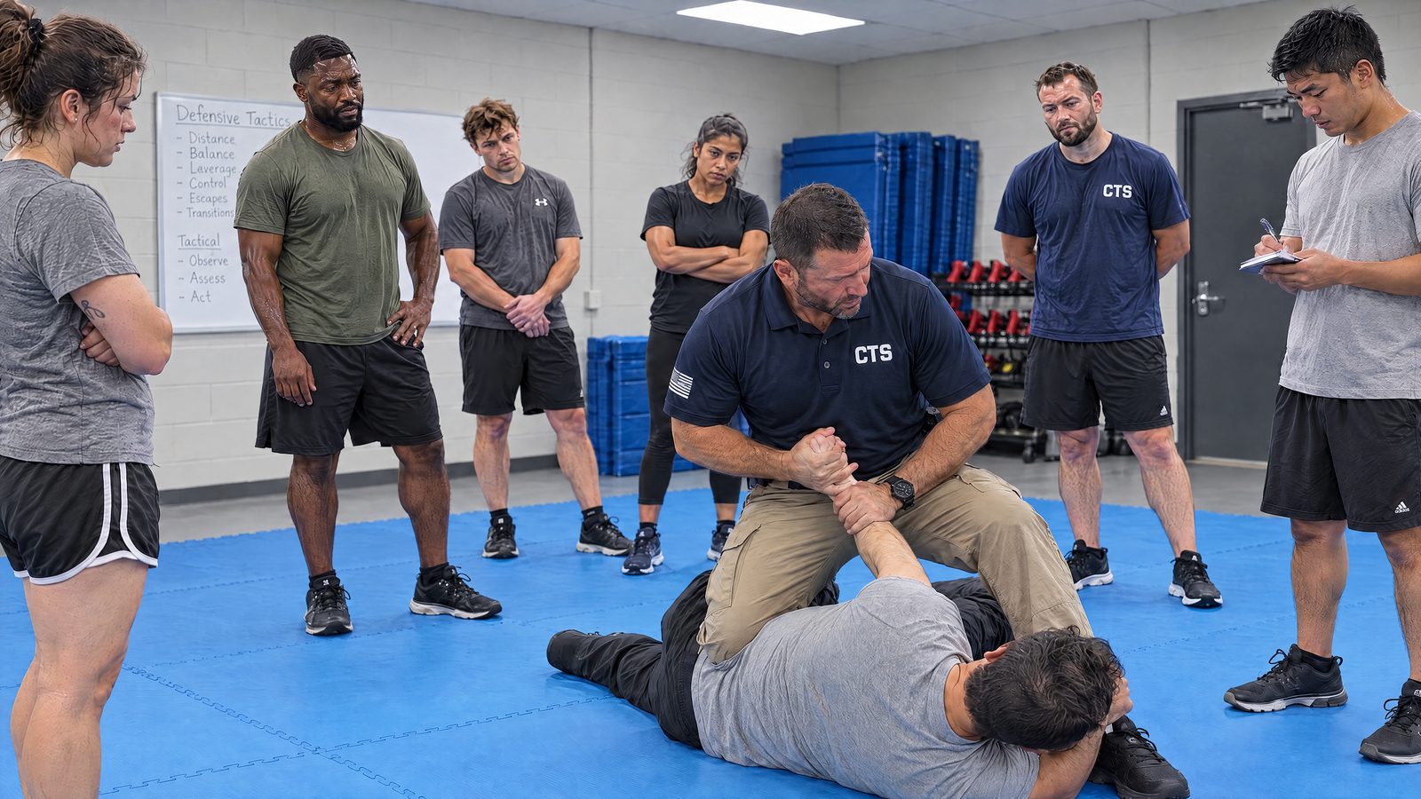 A CTS instructor demonstrating an arm control on the mats while students watch