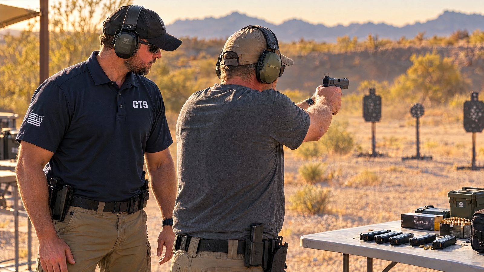 A CTS firearms instructor watching a student on a desert range outside Las Vegas
