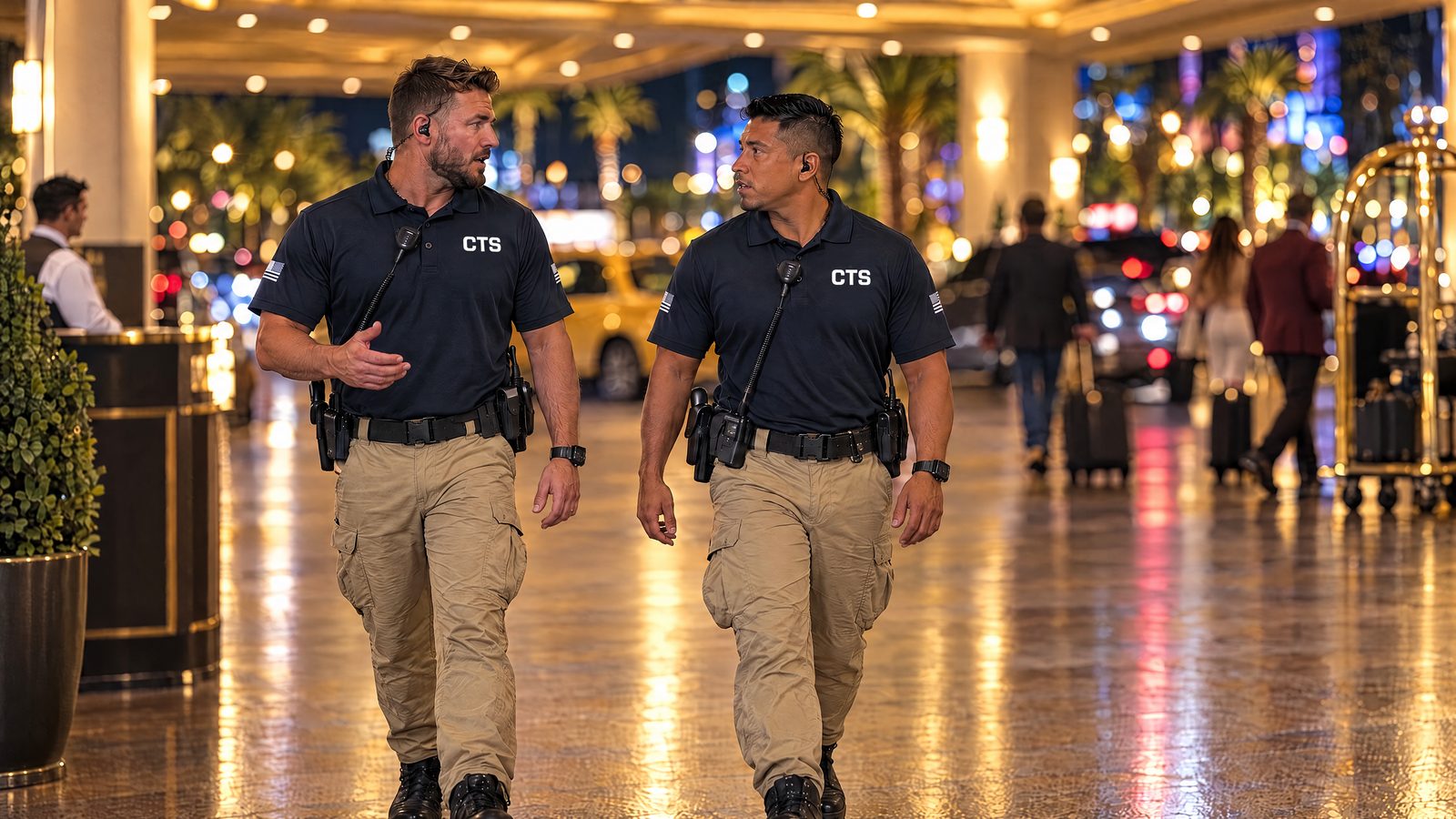 Two CTS officers walking a hotel porte-cochere at night